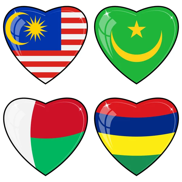Uppsättning vektorbilder hjärtan med flaggorna i malaysia, mauri — Stock vektor