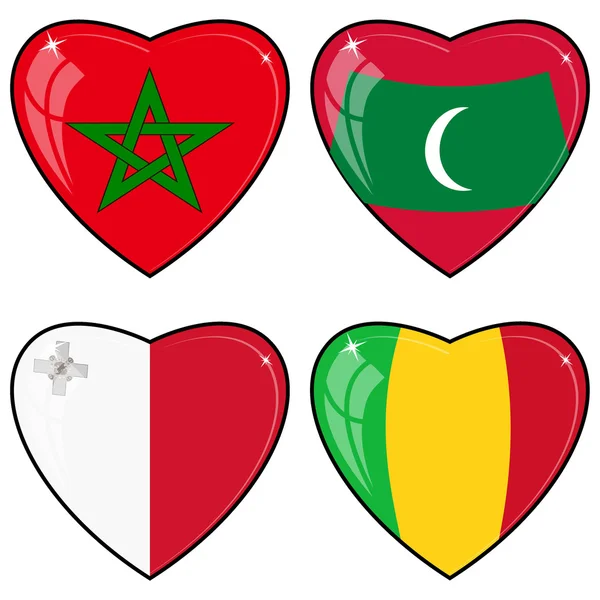 Uppsättning vektorbilder hjärtan med flaggorna i mali, Maldiverna, — Stock vektor