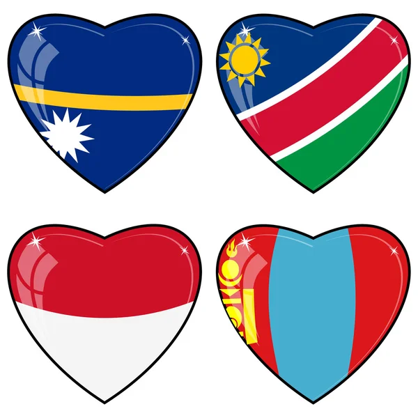 Set of vector images of hearts with the flags of Nauru, Namibia, — Stock Vector