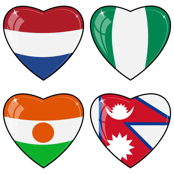 Reihe von Vektorbildern von Herzen mit den Flaggen von nepal, niger, n — Stockvektor