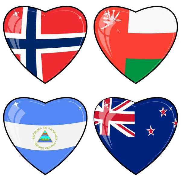 Set di immagini vettoriali di cuori con le bandiere della Norvegia, Stati Uniti — Vettoriale Stock