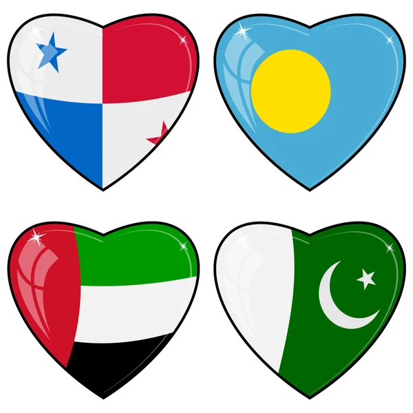Set di immagini vettoriali di cuori con le bandiere del Pakistan, Palau — Vettoriale Stock