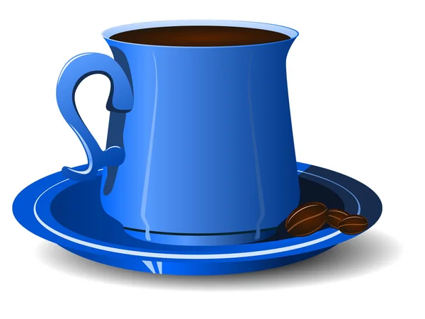 Μπλε φλυτζάνι με κόκκους καφέ σε μια πιατέλα. διάνυσμα — Διανυσματικό Αρχείο