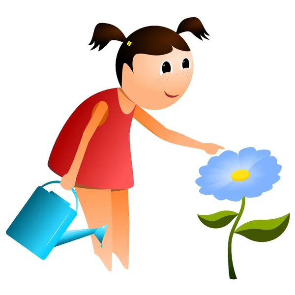 Dívka s plechovkou od vody a květinou. vektor — Stockový vektor