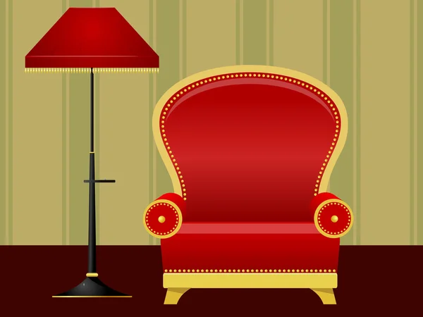 Illustrazione vettoriale di una sedia rossa e di una lampada da terra — Vettoriale Stock