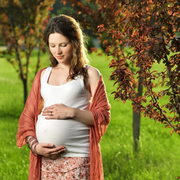 Těhotná žena v parku Stock Fotografie