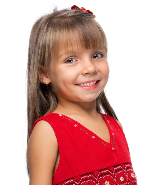 Portrét emocionální krásná holčička na bílém poza — Stock fotografie