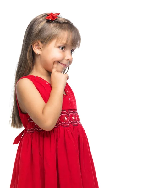 情感的漂亮的小女孩在艾菲尔铁塔的白色背景上的肖像 — 图库照片