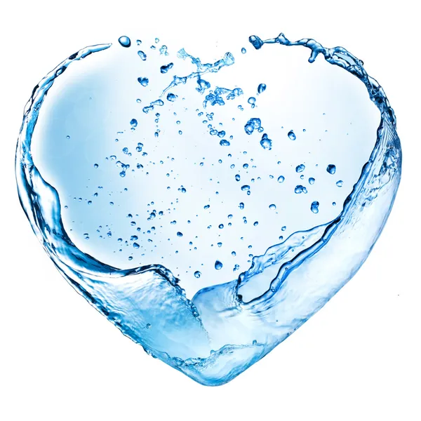 Corazón de San Valentín hecho de salpicadura de agua azul aislado en la espalda blanca Imágenes de stock libres de derechos
