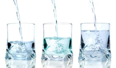 Fresh water pouring in a glass on white background in sequence clipart