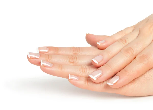 Belle mani femminili con manicure francese — Foto Stock