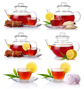 Set of teapot with black tea isolated on white clipart