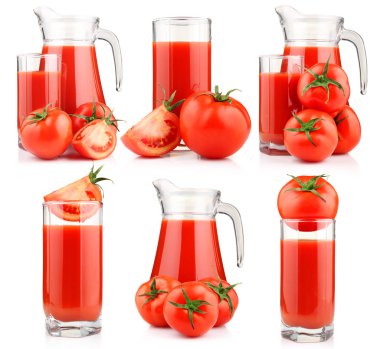 Set of tomatoes juice in pitcher with fruits isolated