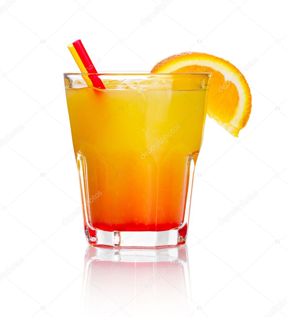 Orange alcohol cocktail with orange fruit slice isolated
