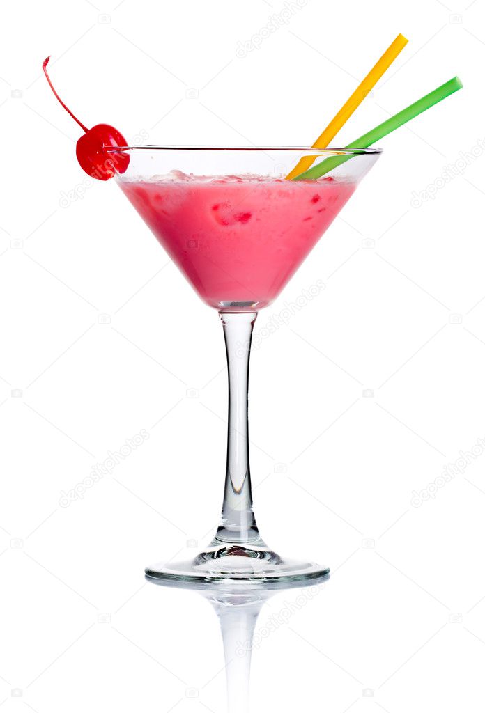 Pink alcohol cocktail in martini glass isolated on white