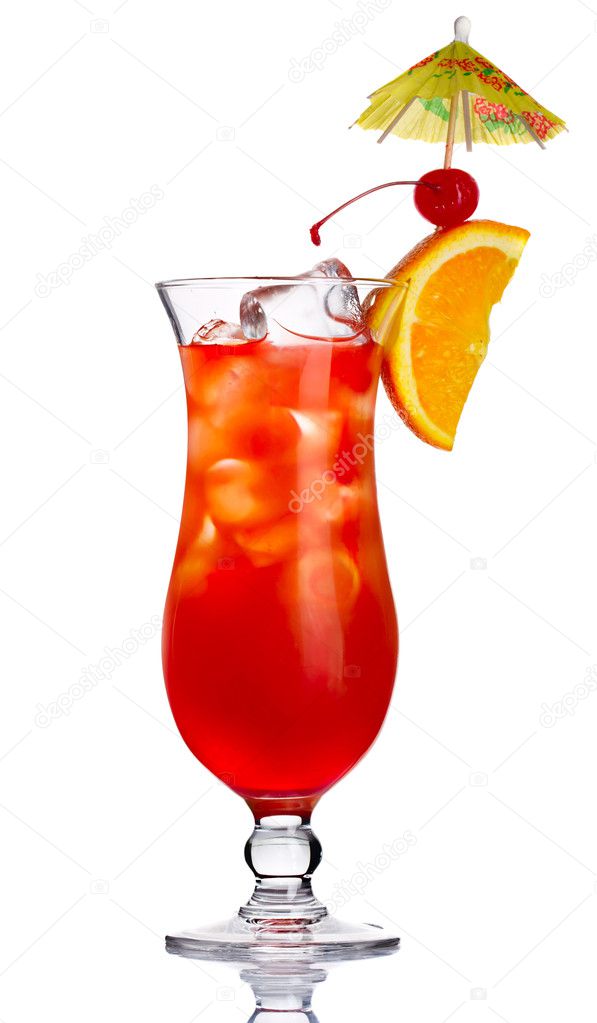 Red alcohol cocktail in with orange slice isolated