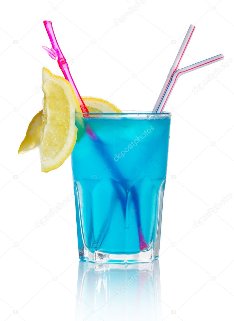 Blue alcohol cocktail with lemon slice isolated on white