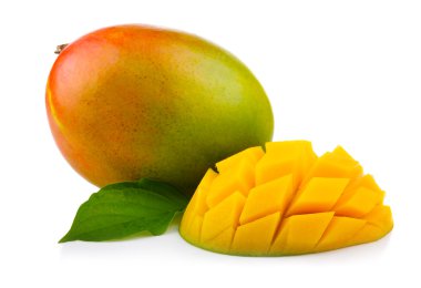 Fresh mango fruit with cut and green leafs isolated clipart