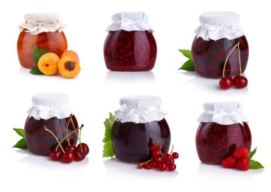 Set of jars with berry jam isolated on white clipart