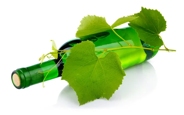 Bottle of wine with grape leaves isolated on white — Stock Photo, Image