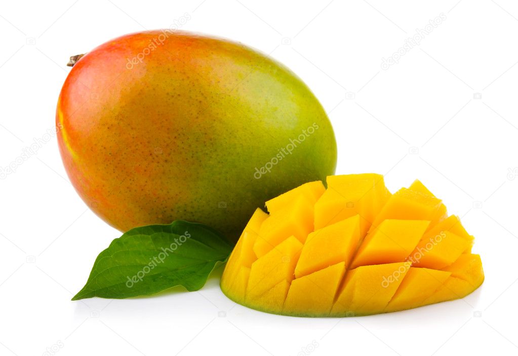 Fresh mango fruit with cut and green leafs isolated