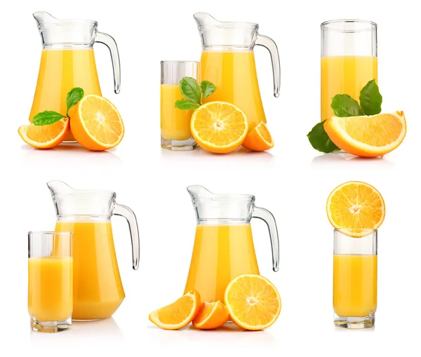 Set of jugs and glasses of orange juice with fruits isolated — Stock Photo, Image