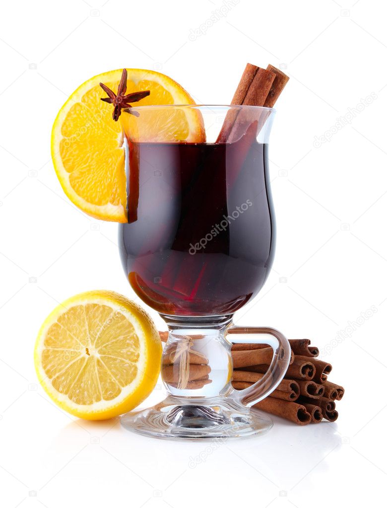 Mulled wine with spices isolated on white