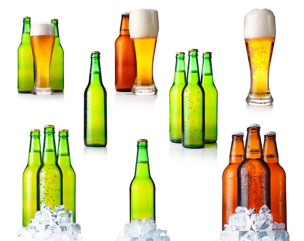 Zestaw butelek z piwem i lód na białym tle — Zdjęcie stockowe