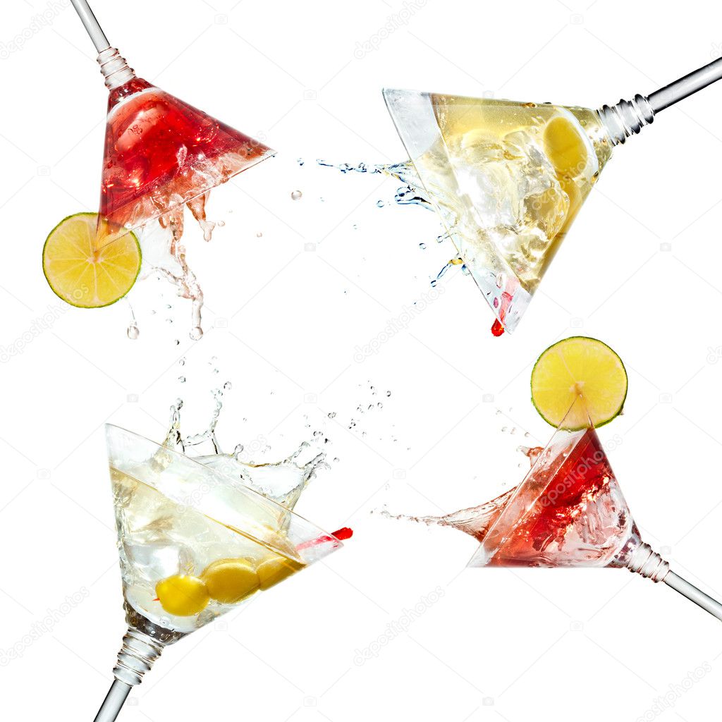 Set of martini cocktails with splash and lime isolated