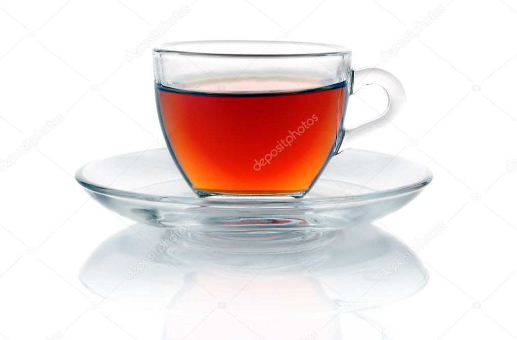 Cup of hot black tea isolated on white