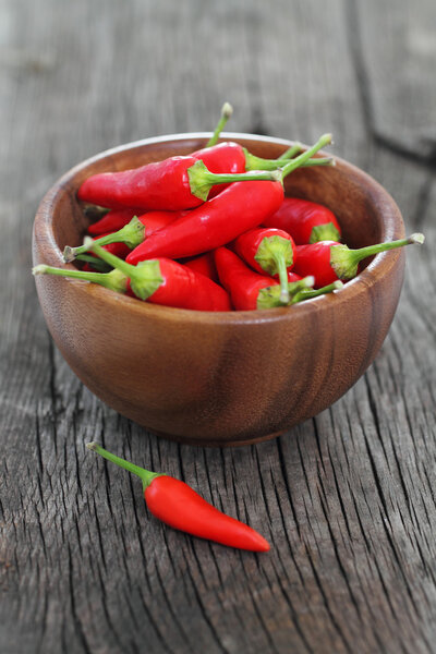 Red hot pepper in wooden bowl