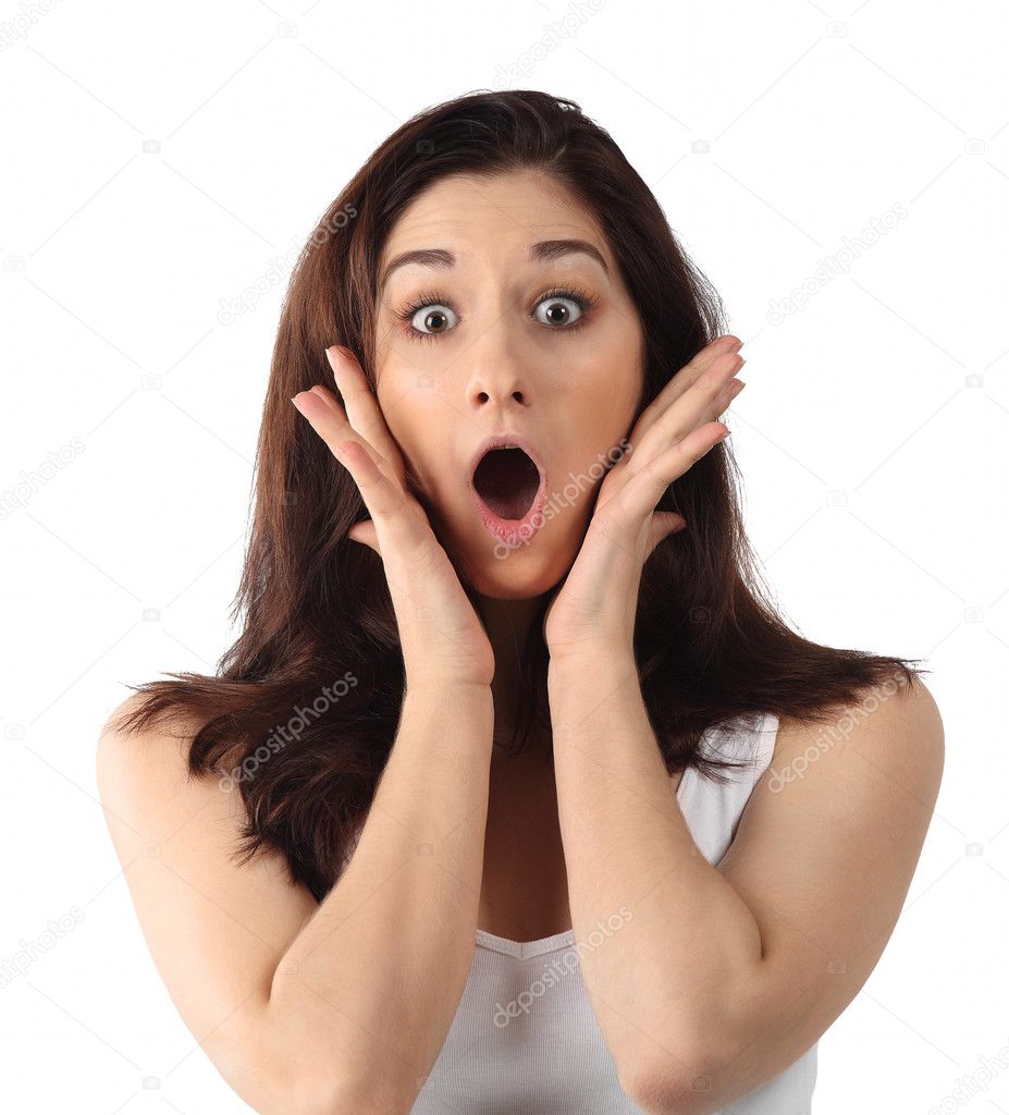 Surprised young brunette woman