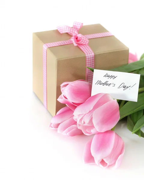 stock image Bunch of tulips with present cart and gift box