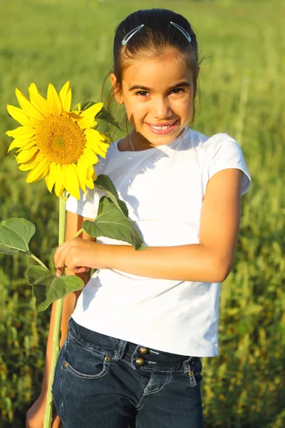Porträtt av en söt liten flicka med solros — Stockfoto