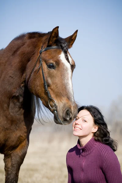 Young girl and bay horse — Stock Photo, Image