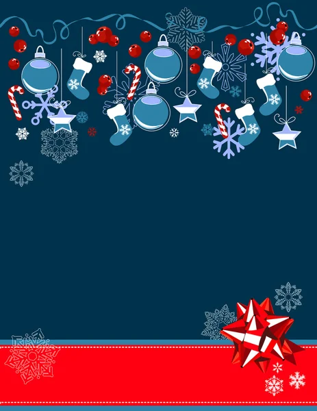 掛かるボールが付いているクリスマスのグリーティング カード — ストックベクタ