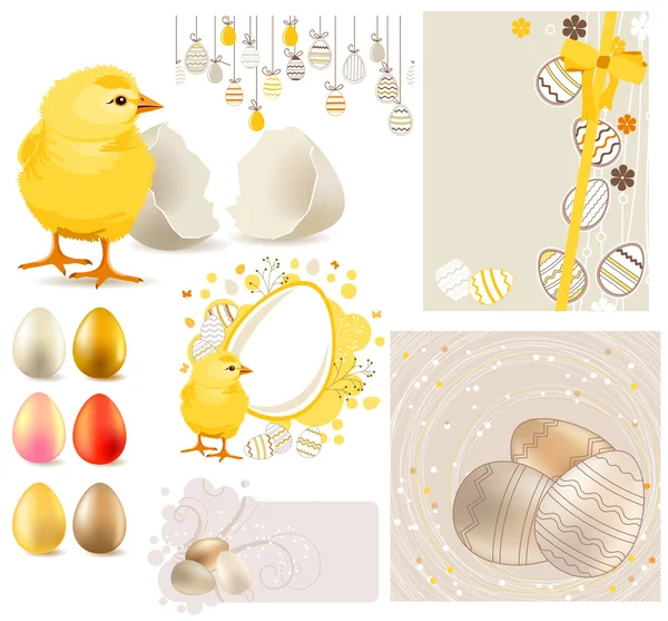 Set de Pascua Grande con Pollo Amarillo y Huevos — Archivo Imágenes Vectoriales