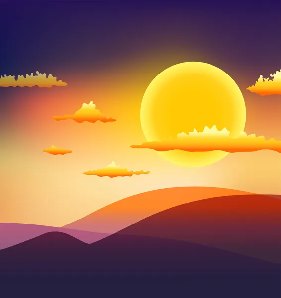 Puesta de sol con nubes y colinas — Archivo Imágenes Vectoriales