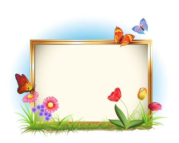 Photo frame with spring flowers and butterflies — Stock Vector