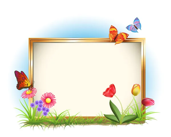 stock vector Photo frame with spring flowers and butterflies