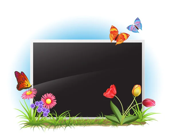 Photo frame with spring flowers and butterflies — Stock Vector