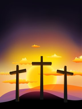 Three crosses on the Calvary with sunset clipart