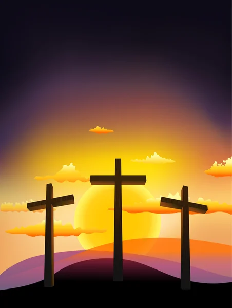 Three crosses on the Calvary with sunset — Stock Vector