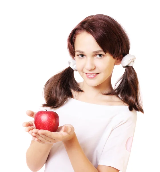 Κορίτσι χαμόγελο με μήλο — Φωτογραφία Αρχείου