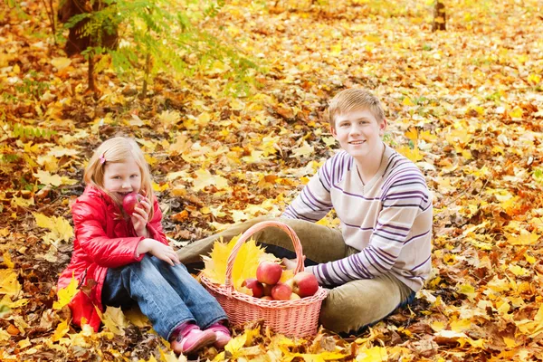 Irmão e irmã no jardim de outono — Fotografia de Stock