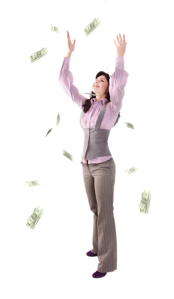 Kadınlar üzerinde beyaz izole para ile — Stok fotoğraf