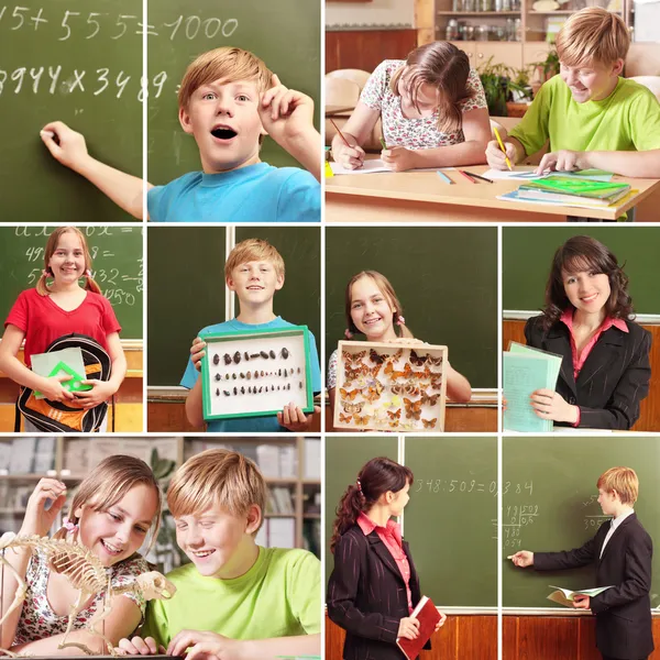Colagem de escolares em processo de estudo e educação obje — Fotografia de Stock