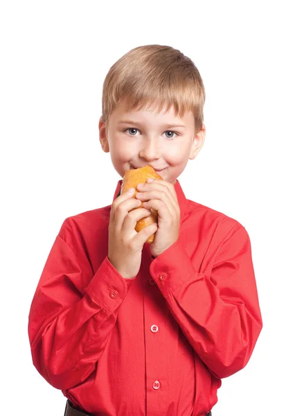 Αγόρι με τα τρόφιμα που απομονώνονται σε λευκό — Φωτογραφία Αρχείου