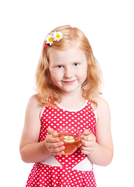 Sorria menina com xícara de chá — Fotografia de Stock