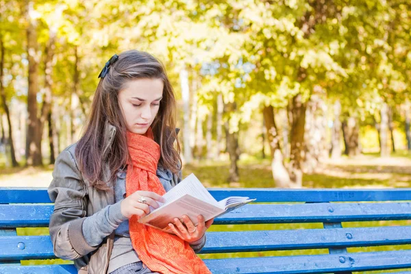 Chica con libro en el parque de otoño — Foto de Stock